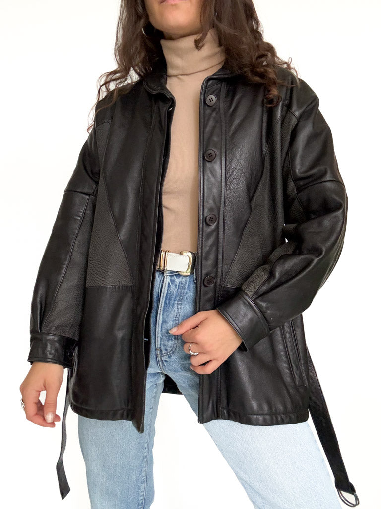Vintage black belted leather jacket view 2