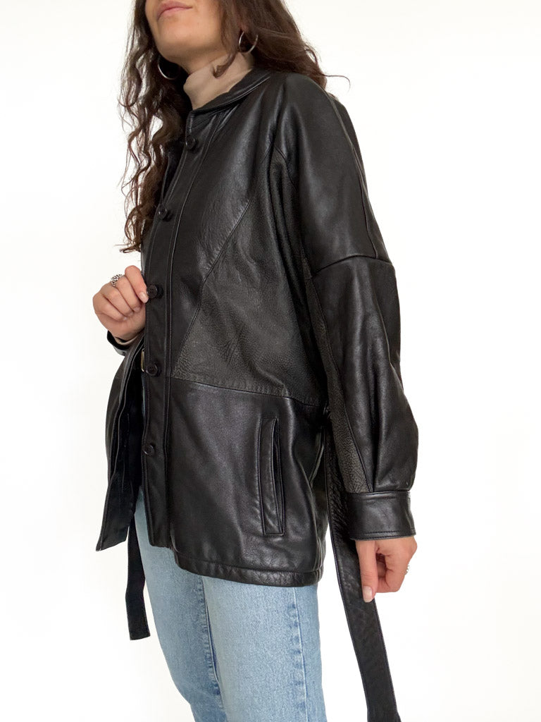 Vintage black belted leather jacket view 3