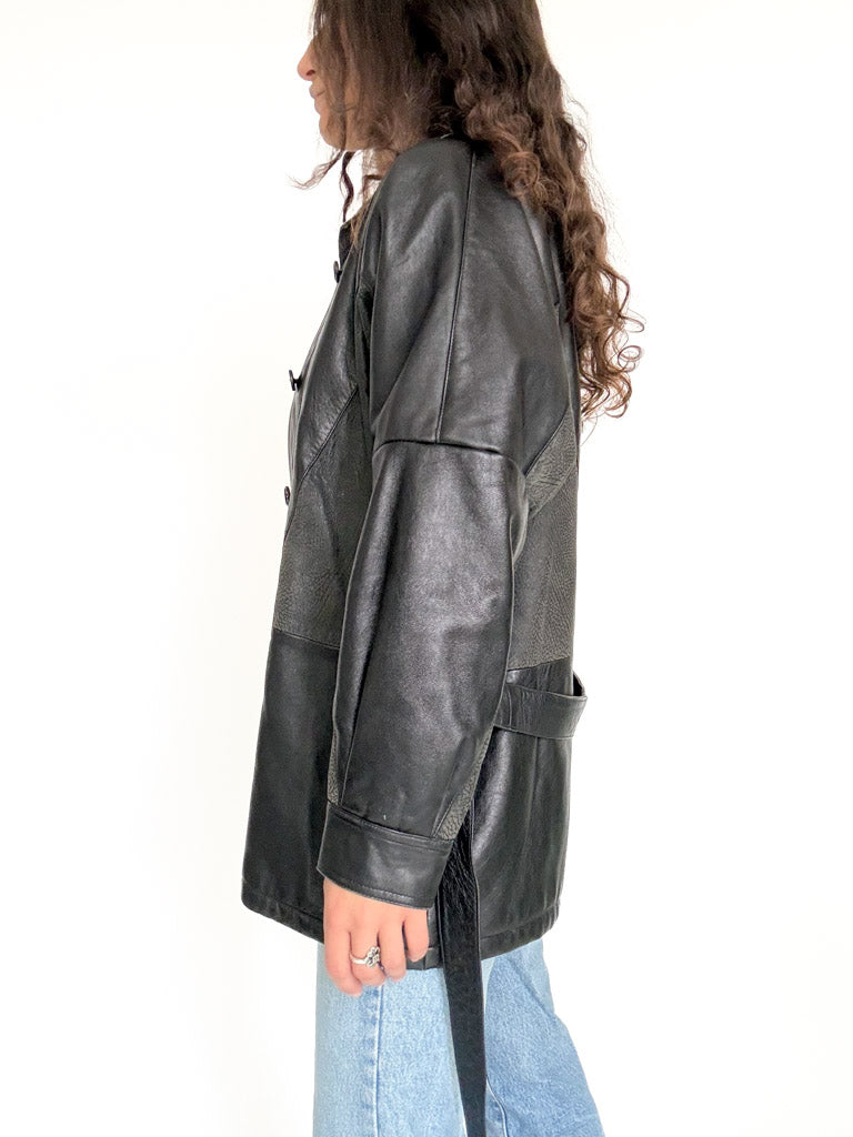 Vintage black belted leather jacket view 4