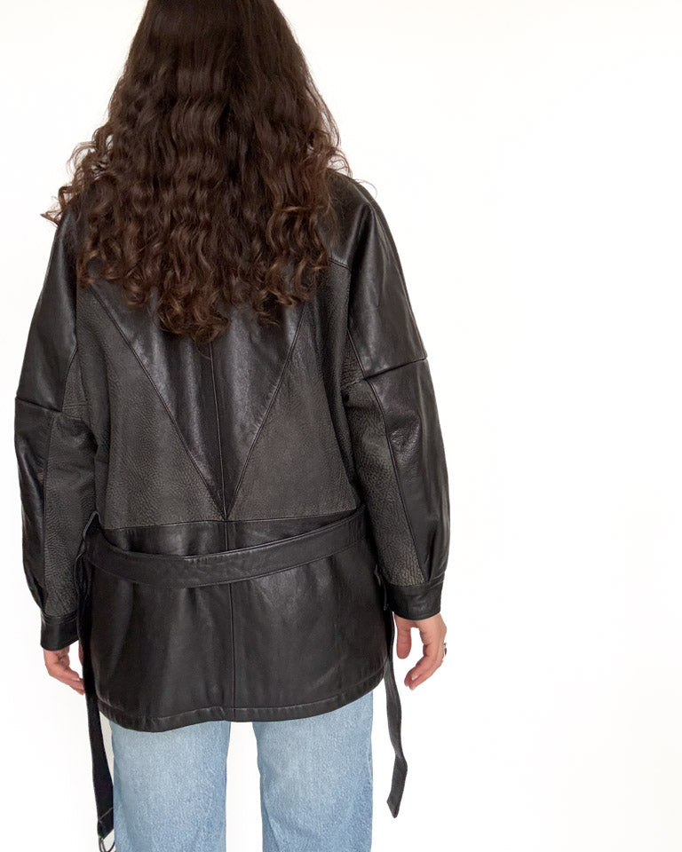 Vintage black belted leather jacket view 5