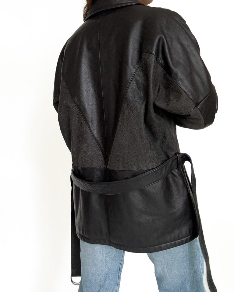 Vintage black belted leather jacket view 6
