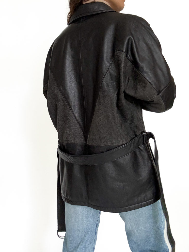 Vintage black belted leather jacket view 6