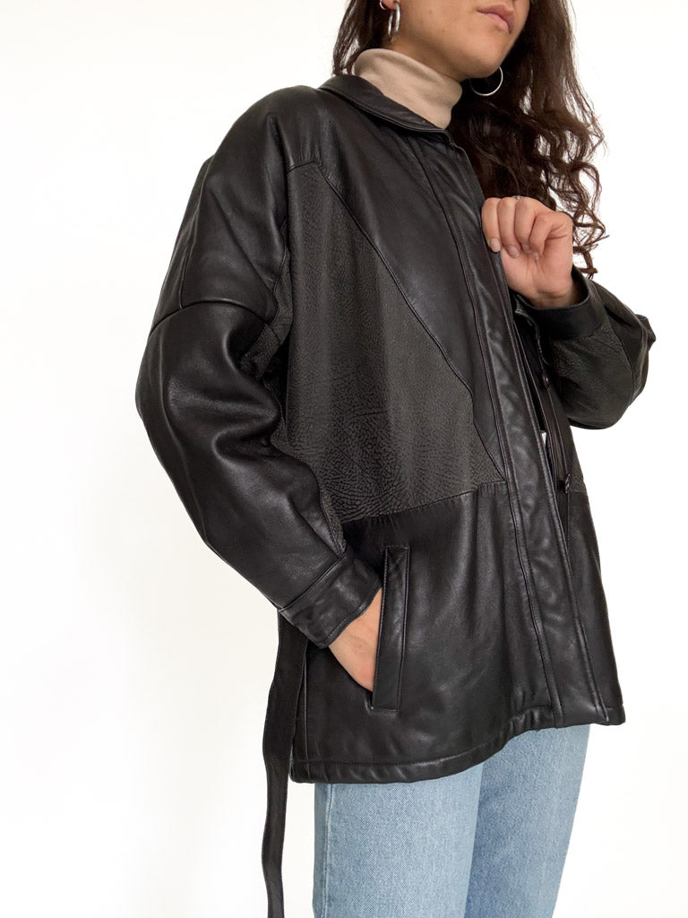 Vintage black belted leather jacket view 7