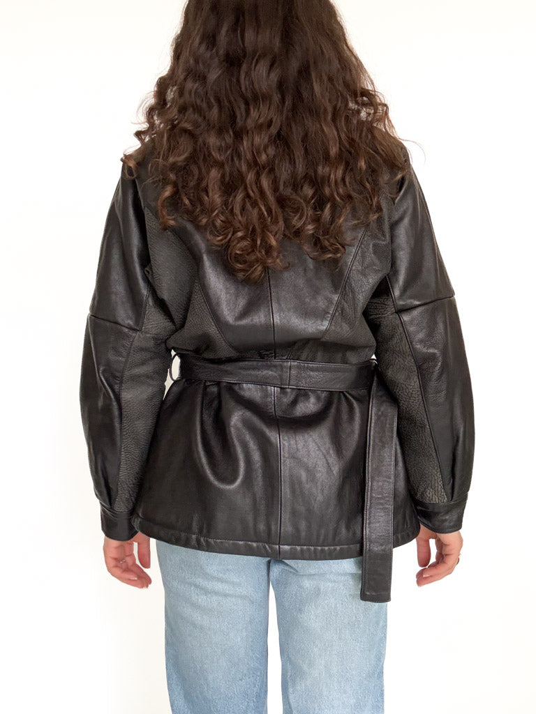 Vintage black belted leather jacket view 13