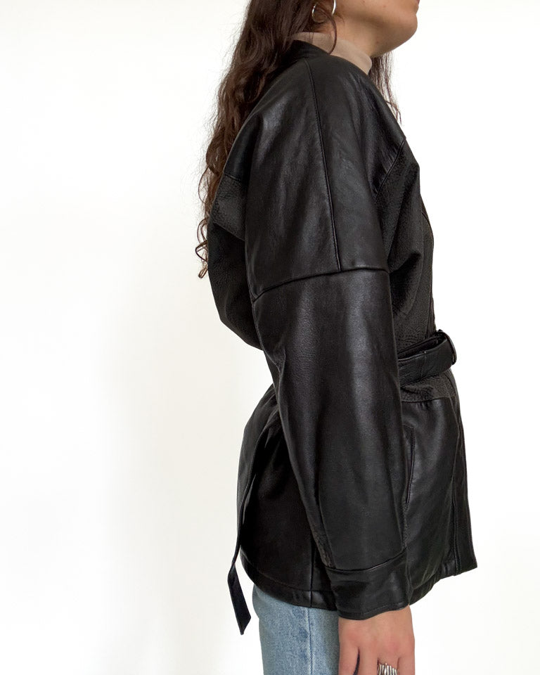 Vintage black belted leather jacket view 14