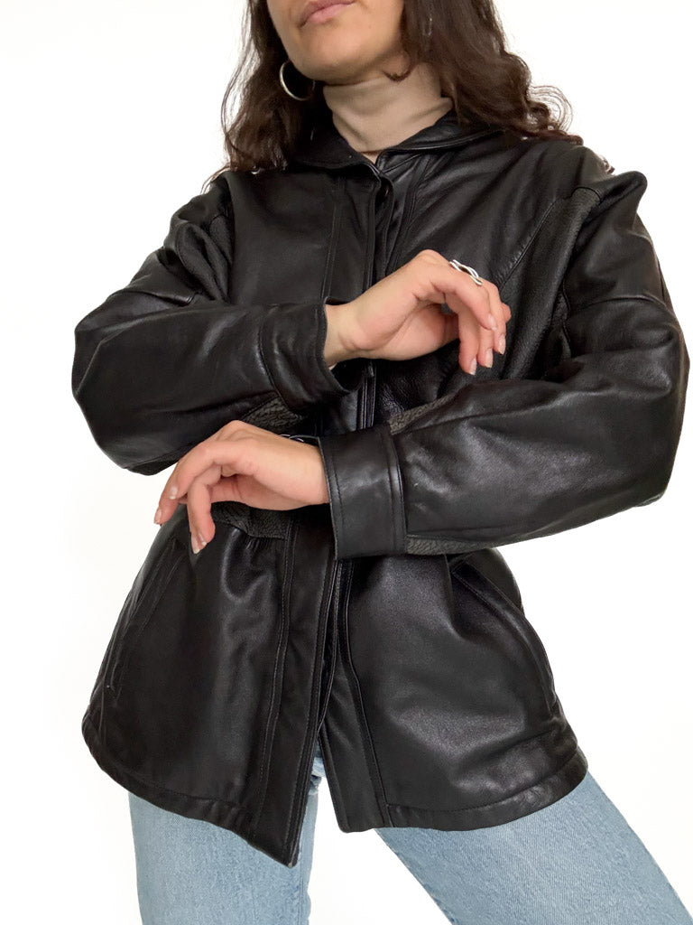 Vintage black belted leather jacket view 15