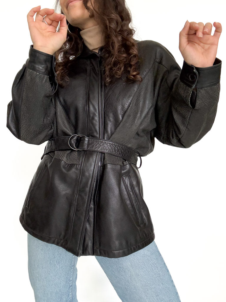 Vintage black belted leather jacket view 16