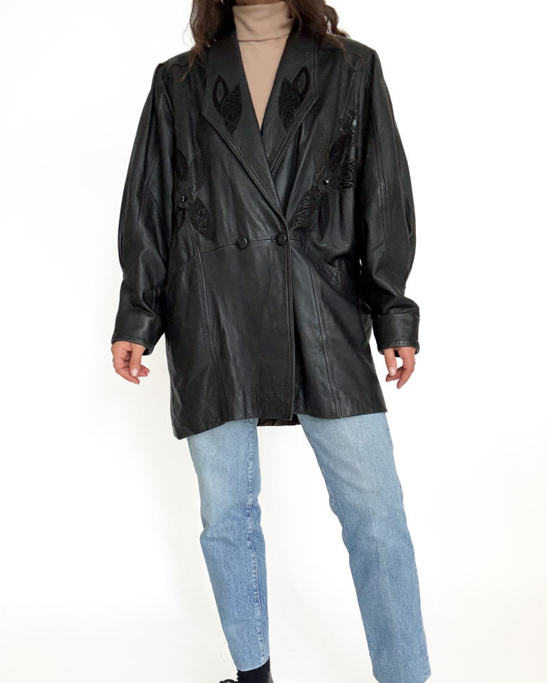 Vintage black leather oversized blazer detail 29