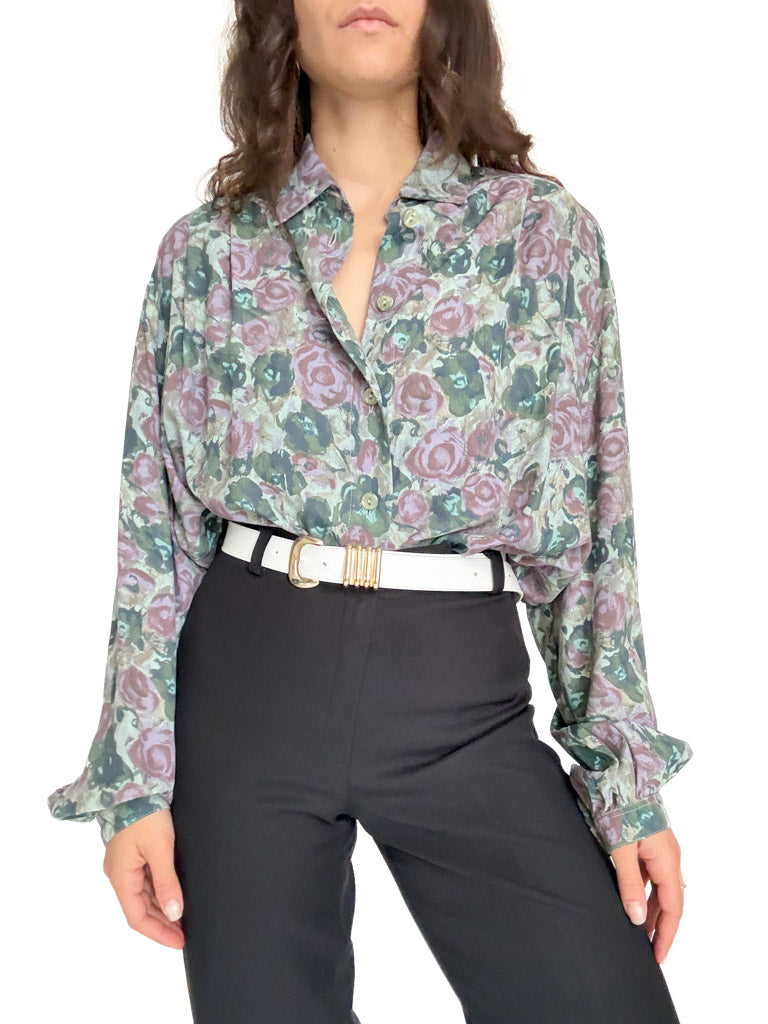 Forest green purple floral shirt detail