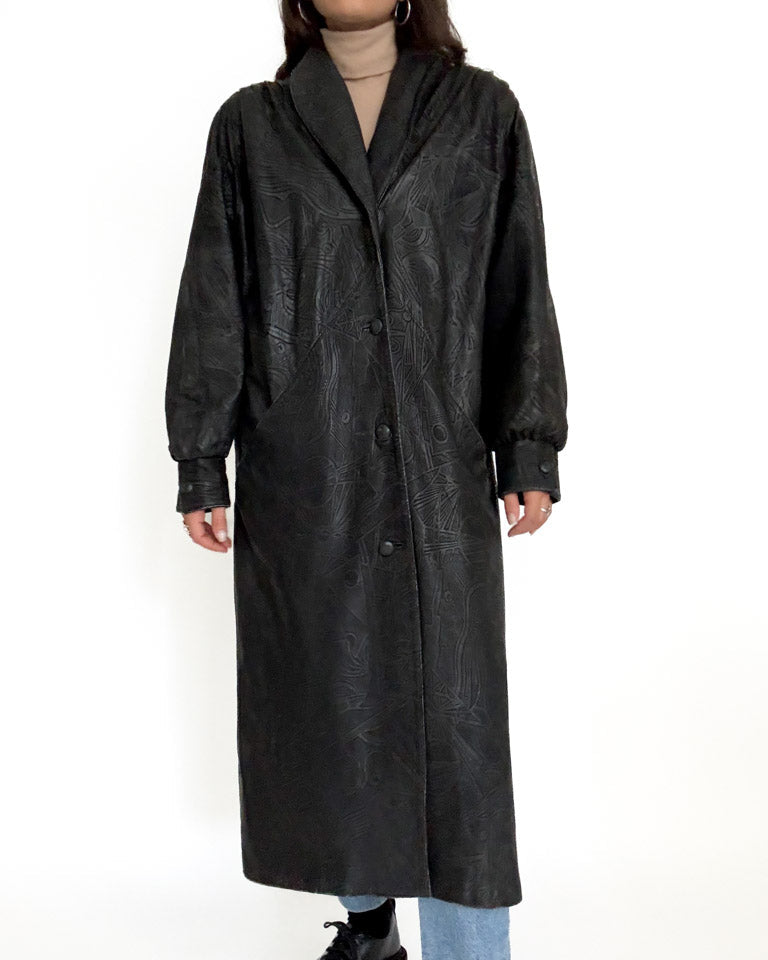 Vintage patterned black leather coat view 41