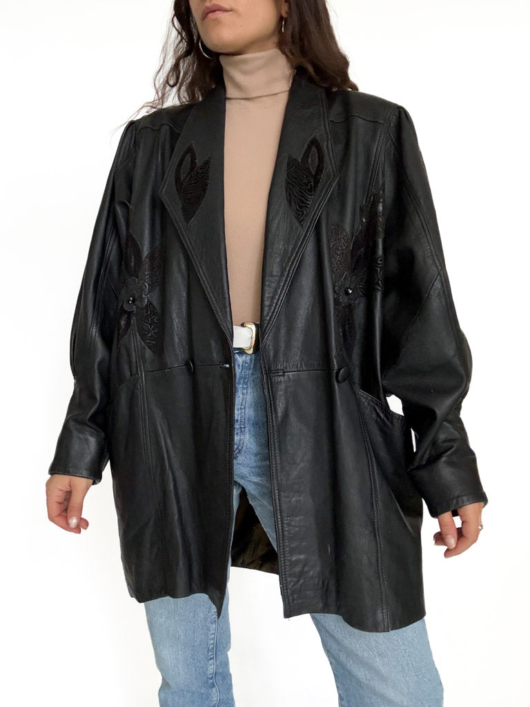 Vintage 80's Black Leather Oversized Blazer Jacket front view