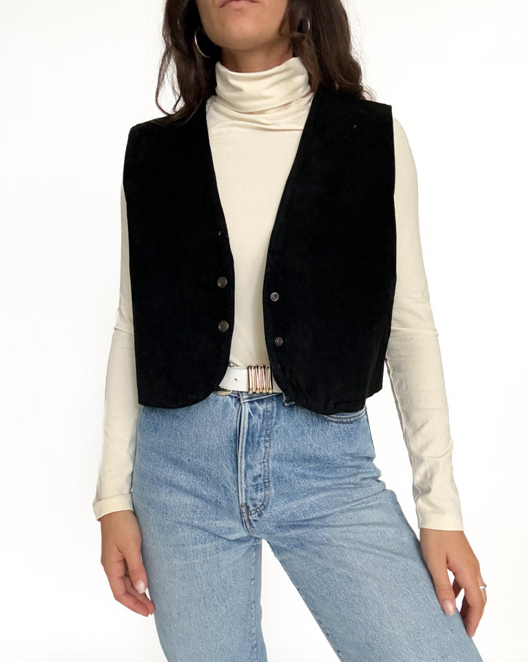 Vintage 90's Black Suede Cropped Vest front view