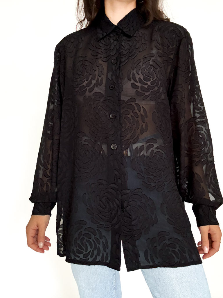 Vintage 90's Black Sheer Rose Pattern Shirt front view