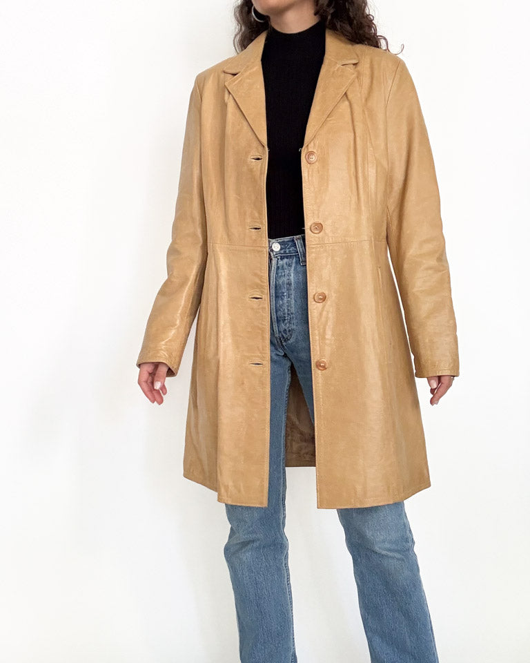 Vintage 90s camel leather long coat front view
