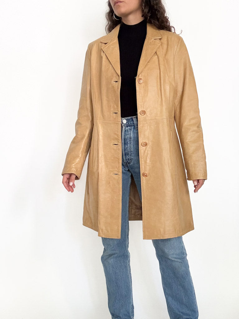 Vintage 90s camel leather long coat front view