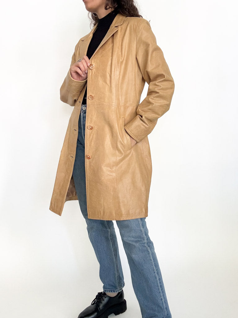 Vintage 90s camel leather long coat side three-quarter view