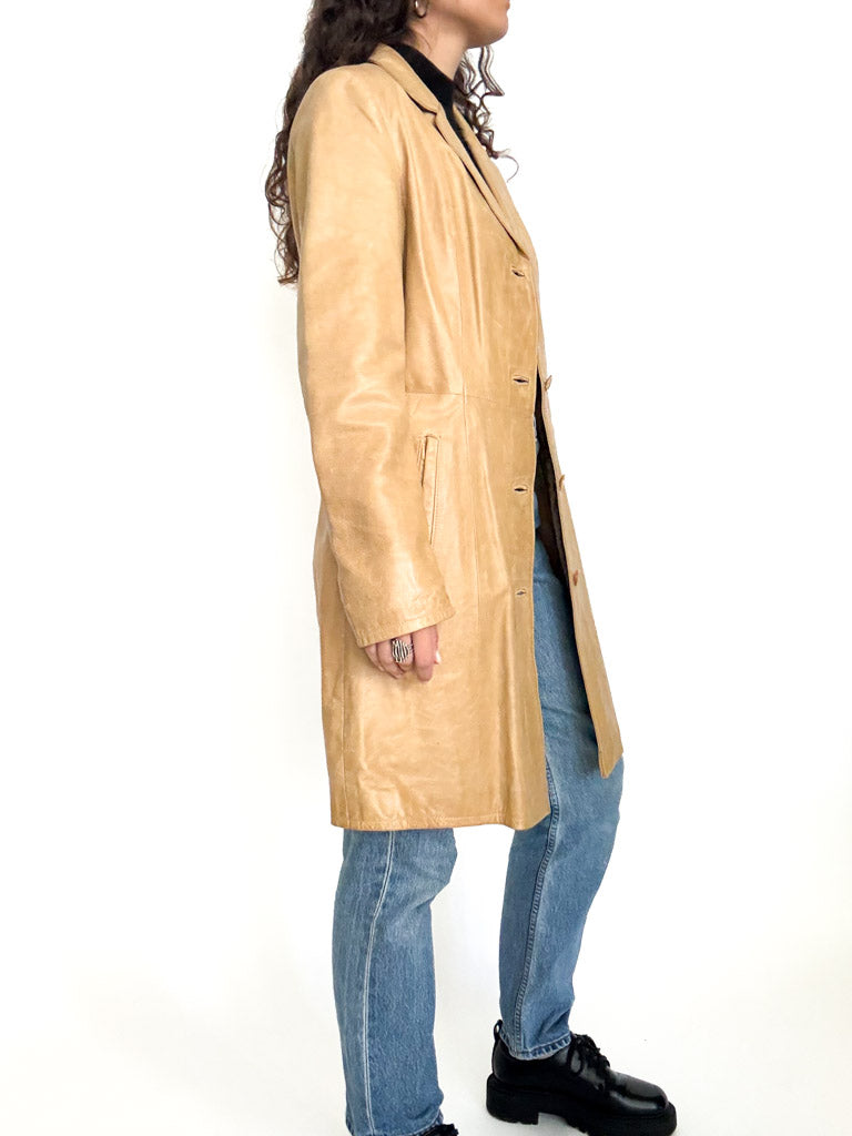 Vintage 90s camel leather long coat side profile