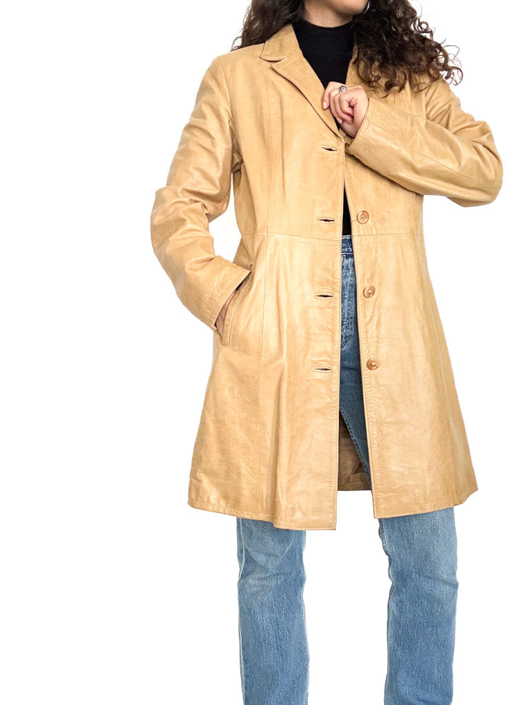 Vintage 90s camel leather long coat front three-quarter view