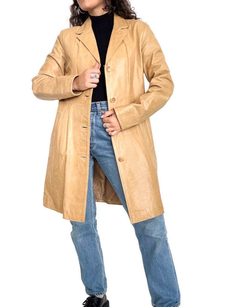 Vintage 90s camel leather long coat open front styling