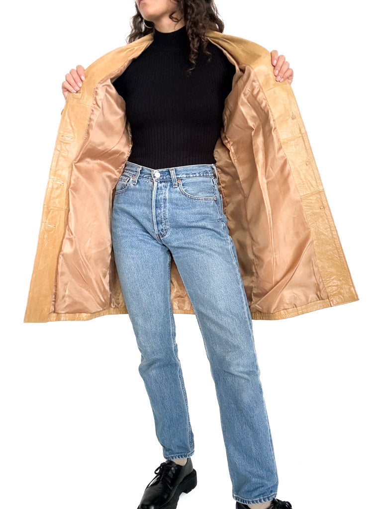 Vintage 90s camel leather long coat interior lining