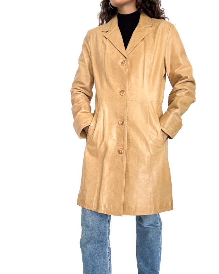 Vintage 90s camel leather long coat closed front view