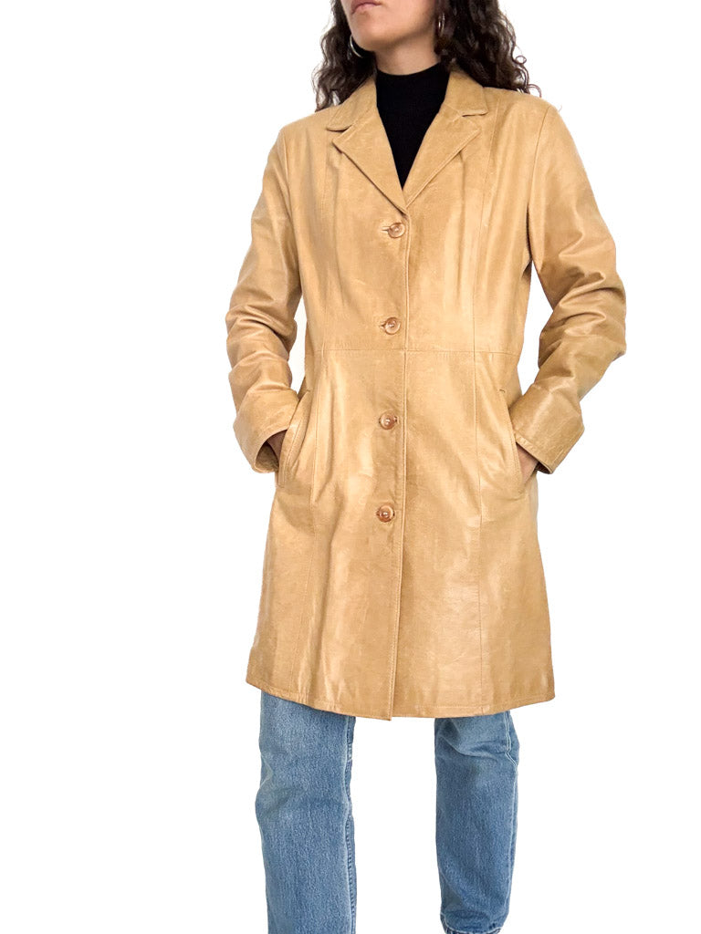 Vintage 90s camel leather long coat closed front view