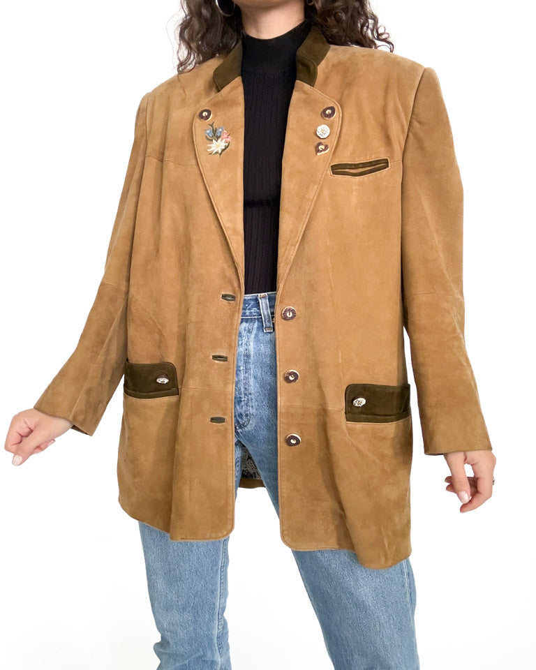 Vintage 90s camel suede embroidered blazer jacket
