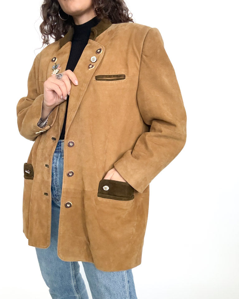 Vintage 90s camel suede embroidered blazer jacket