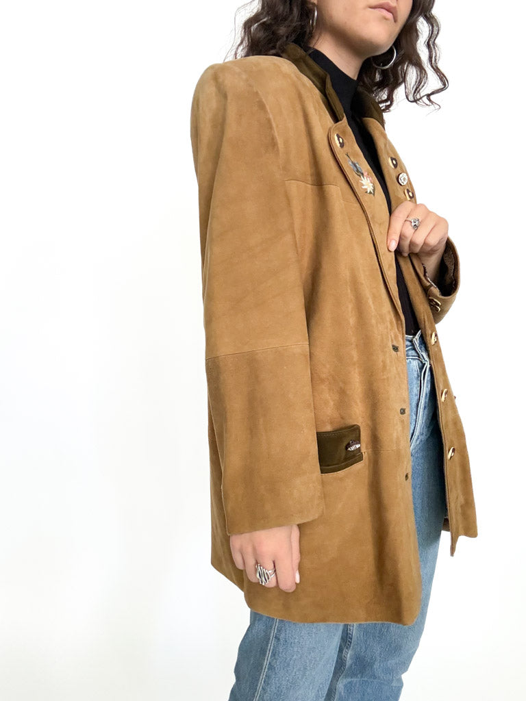 Vintage 90s camel suede embroidered blazer jacket