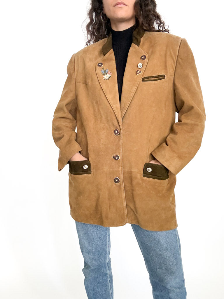 Vintage 90s camel suede embroidered blazer jacket