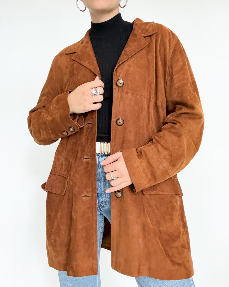 Vintage 90’s Cognac Suede Longline Jacket - detail 4