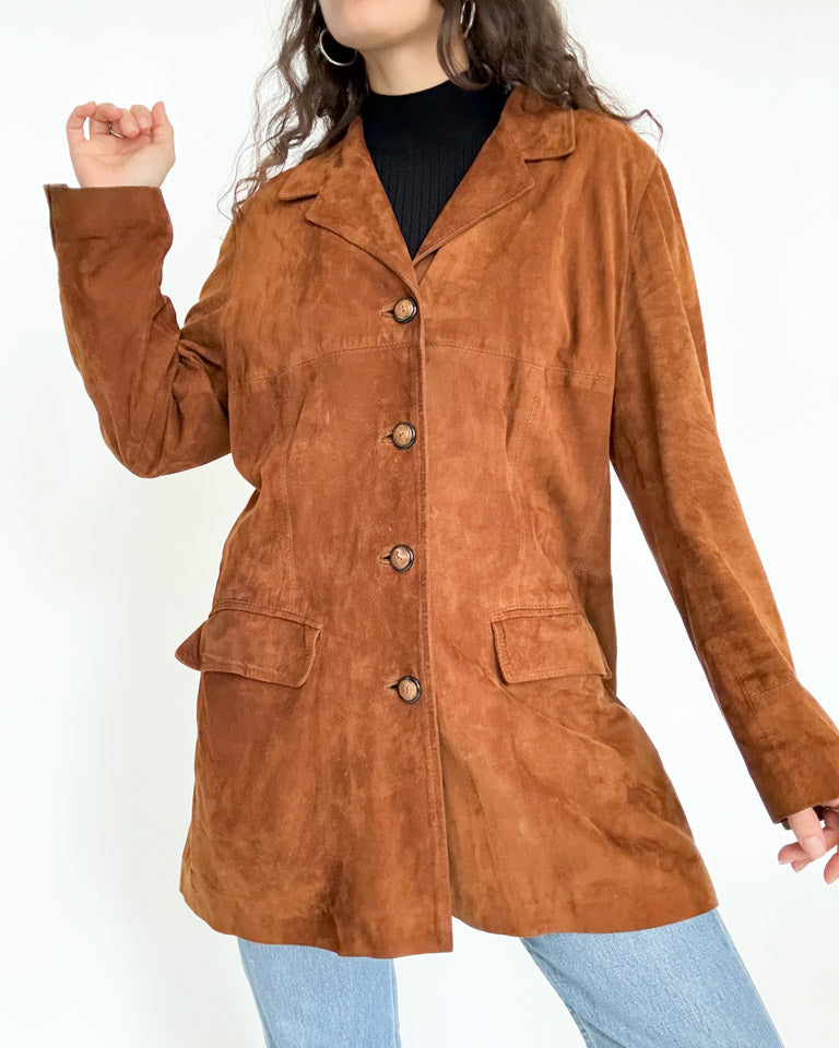 Vintage 90’s Cognac Suede Longline Jacket - front view