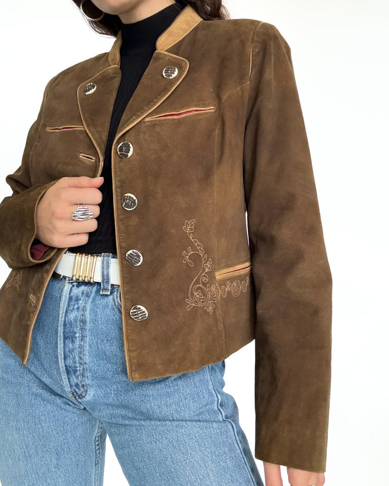 Vintage 80’s/90’s Olive Brown Suede Embroidered Jacket - detail 6
