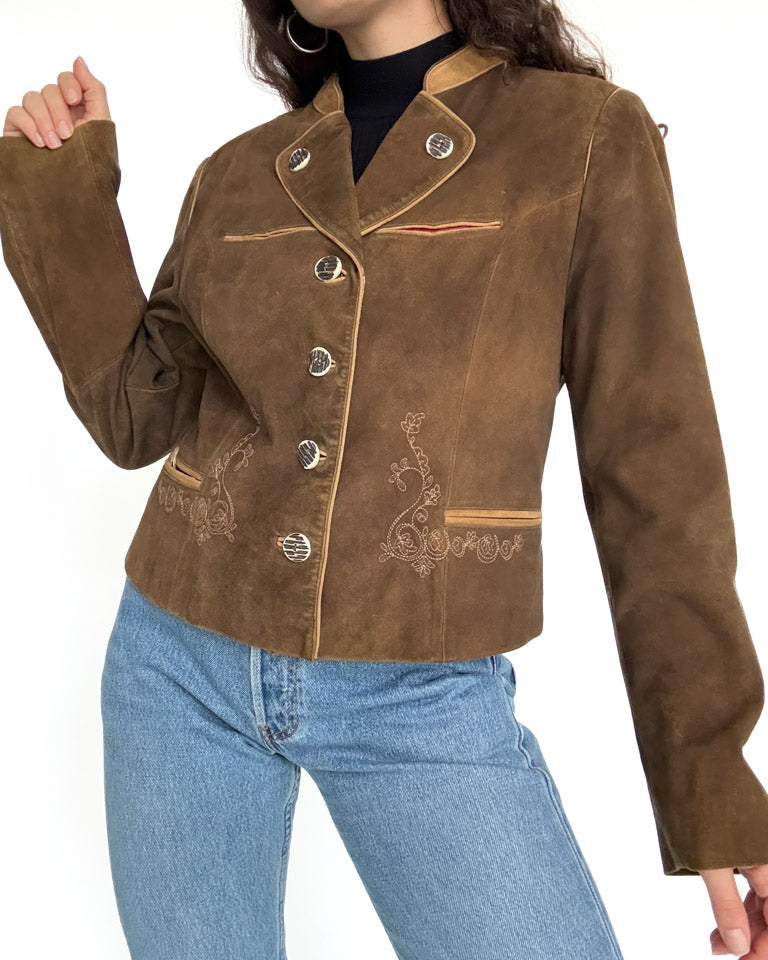Vintage 80’s/90’s Olive Brown Suede Embroidered Jacket - front view