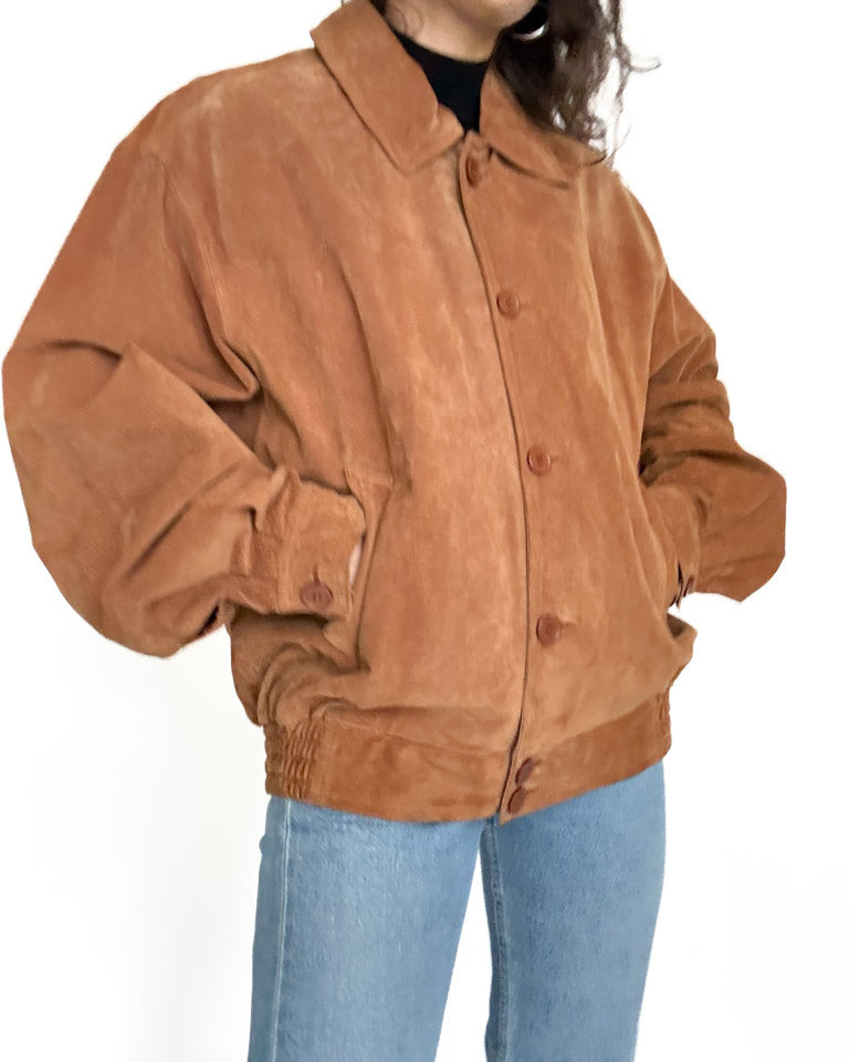 Vintage 80’s/90’s Cognac Suede Oversize Bomber Jacket - front view