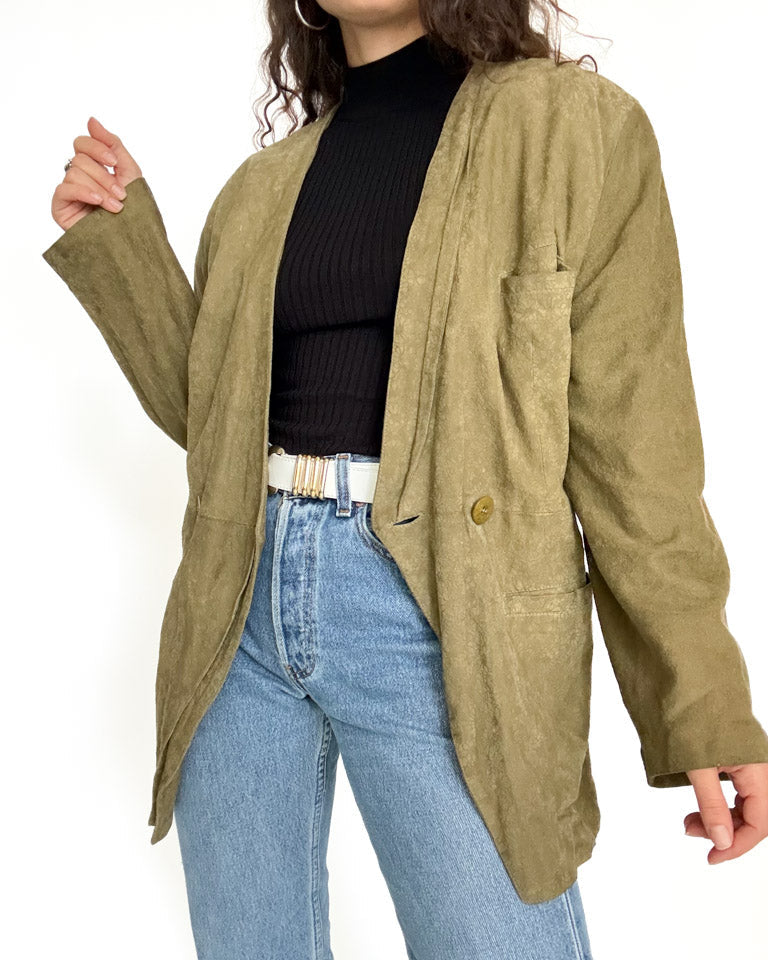 Vintage 90’s Olive Green Suede Floral Blazer Jacket - detail 4