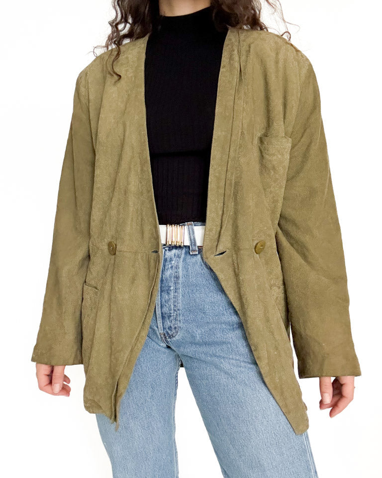 Vintage 90’s Olive Green Suede Floral Blazer Jacket - detail 5