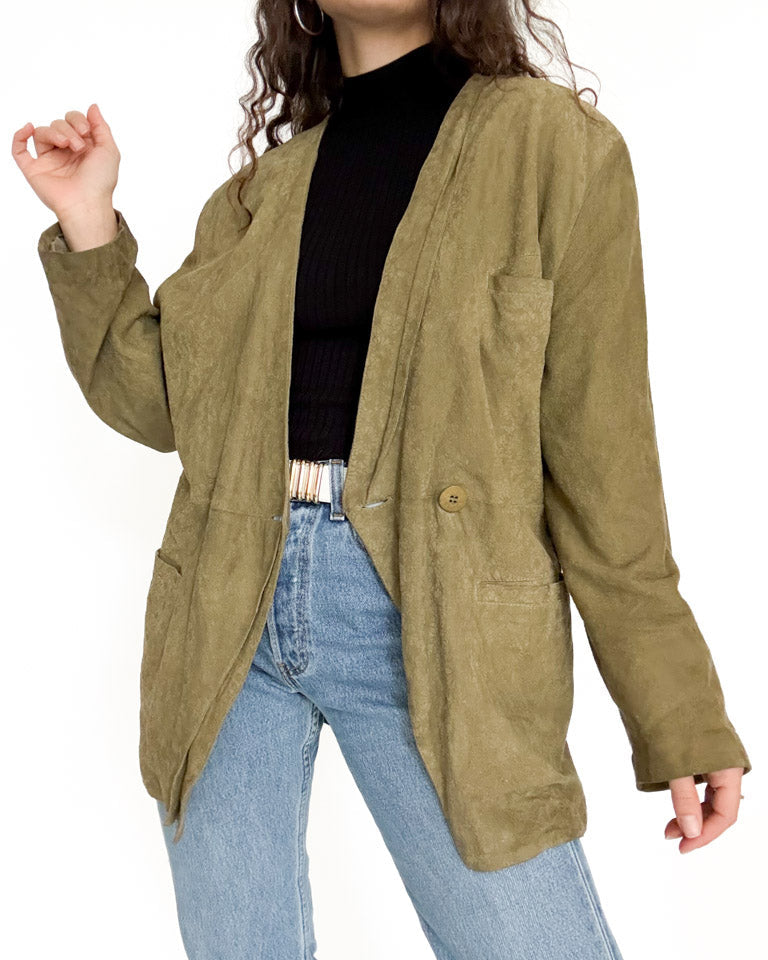 Vintage 90’s Olive Green Suede Floral Blazer Jacket - detail 6