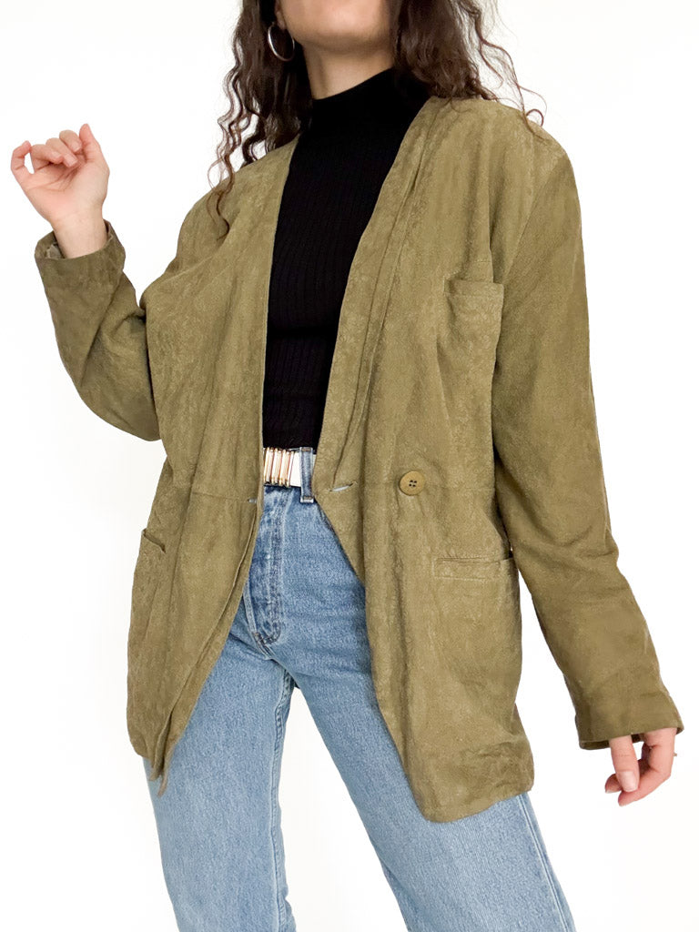 Vintage 90’s Olive Green Suede Floral Blazer Jacket - detail 6