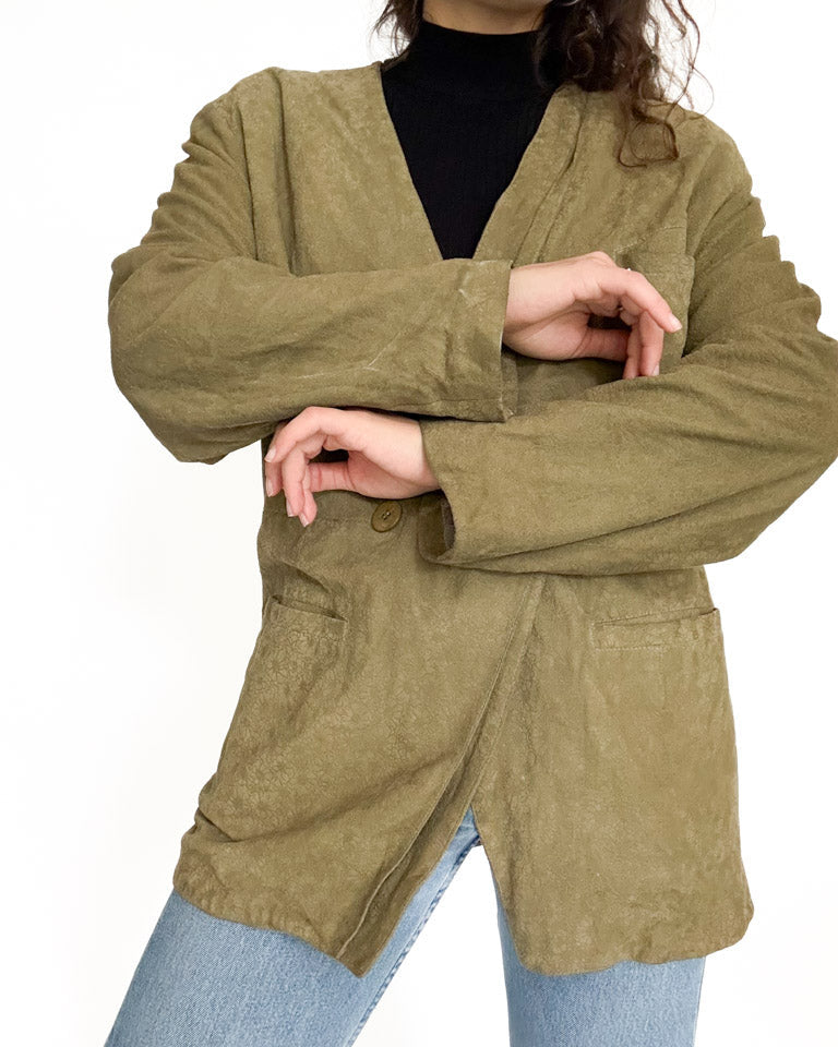 Vintage 90’s Olive Green Suede Floral Blazer Jacket - detail 10