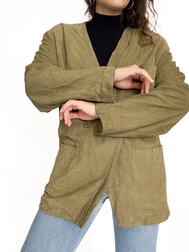 Vintage 90’s Olive Green Suede Floral Blazer Jacket - detail 10