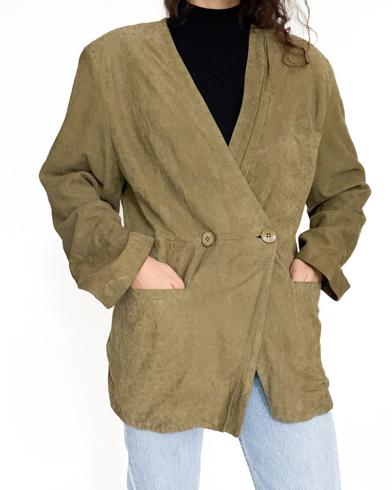 Vintage 90’s Olive Green Suede Floral Blazer Jacket - front view