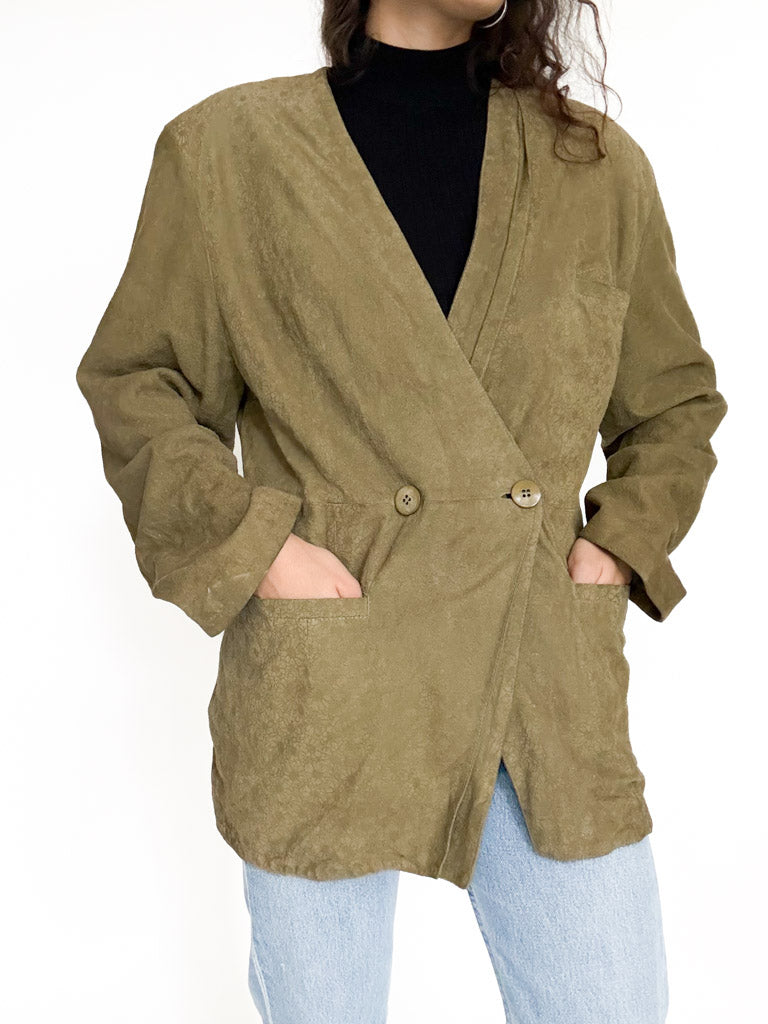 Vintage 90’s Olive Green Suede Floral Blazer Jacket - front view