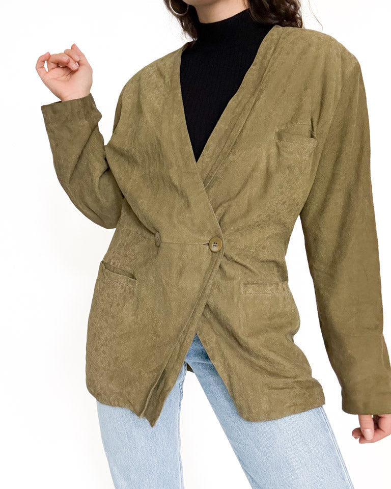 Vintage 90’s Olive Green Suede Floral Blazer Jacket - detail 2