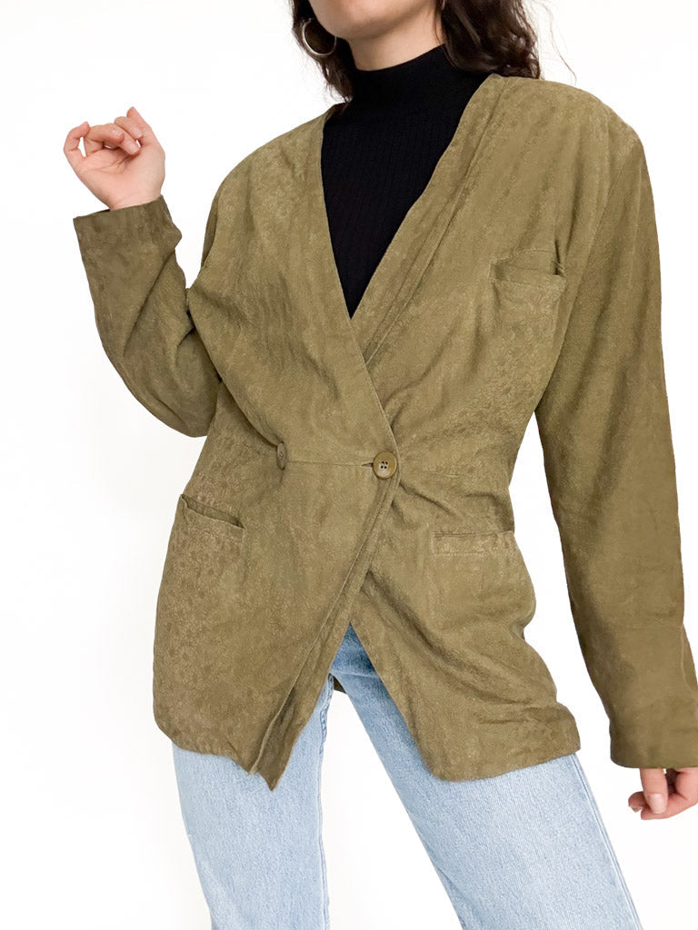 Vintage 90’s Olive Green Suede Floral Blazer Jacket - detail 2