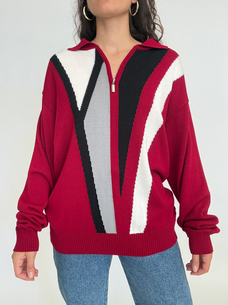 Vintage 80's burgundy graphic zip pullover