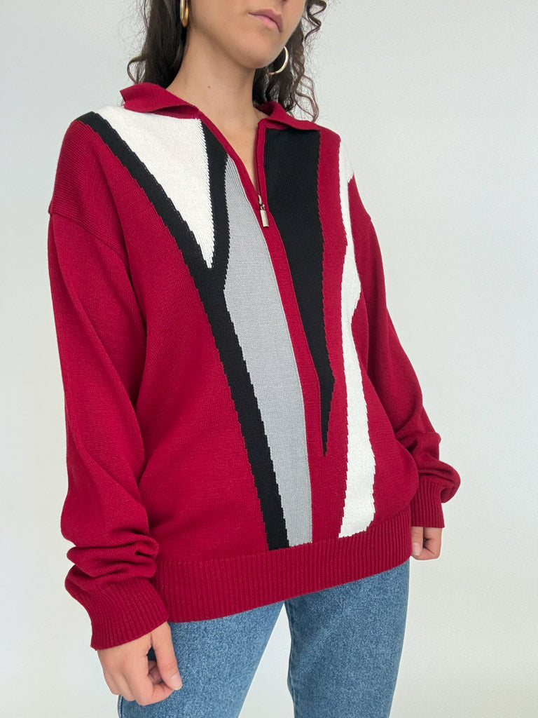 Vintage 80's burgundy graphic zip pullover – view 5