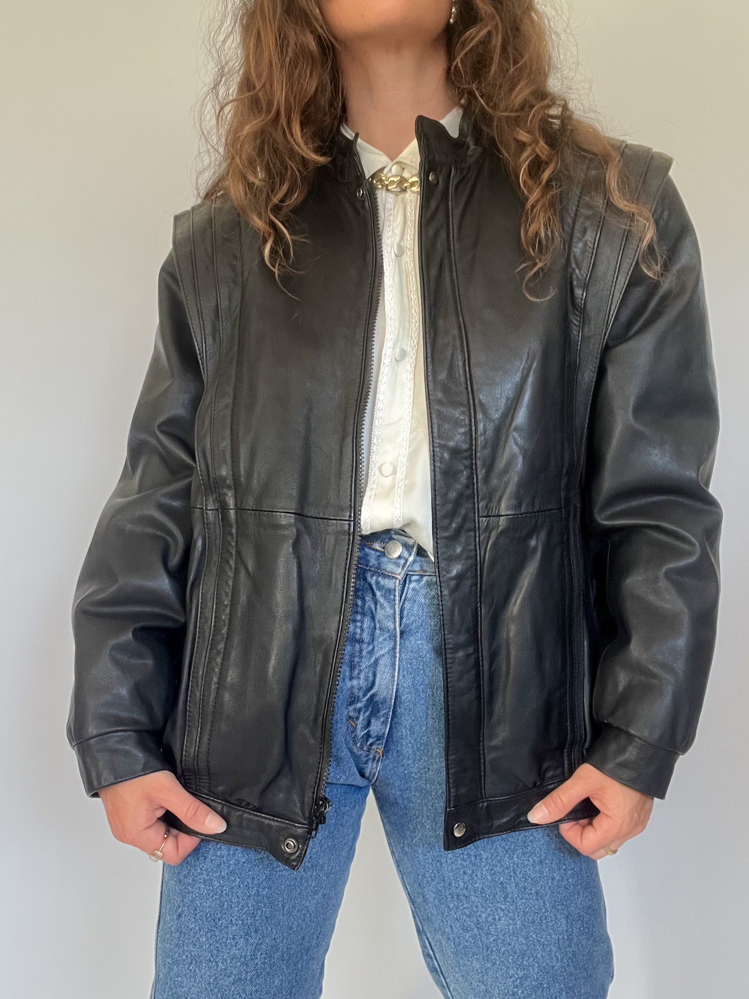 Vintage 90's Black Leather Bomber Jacket with Pleated Shoulder