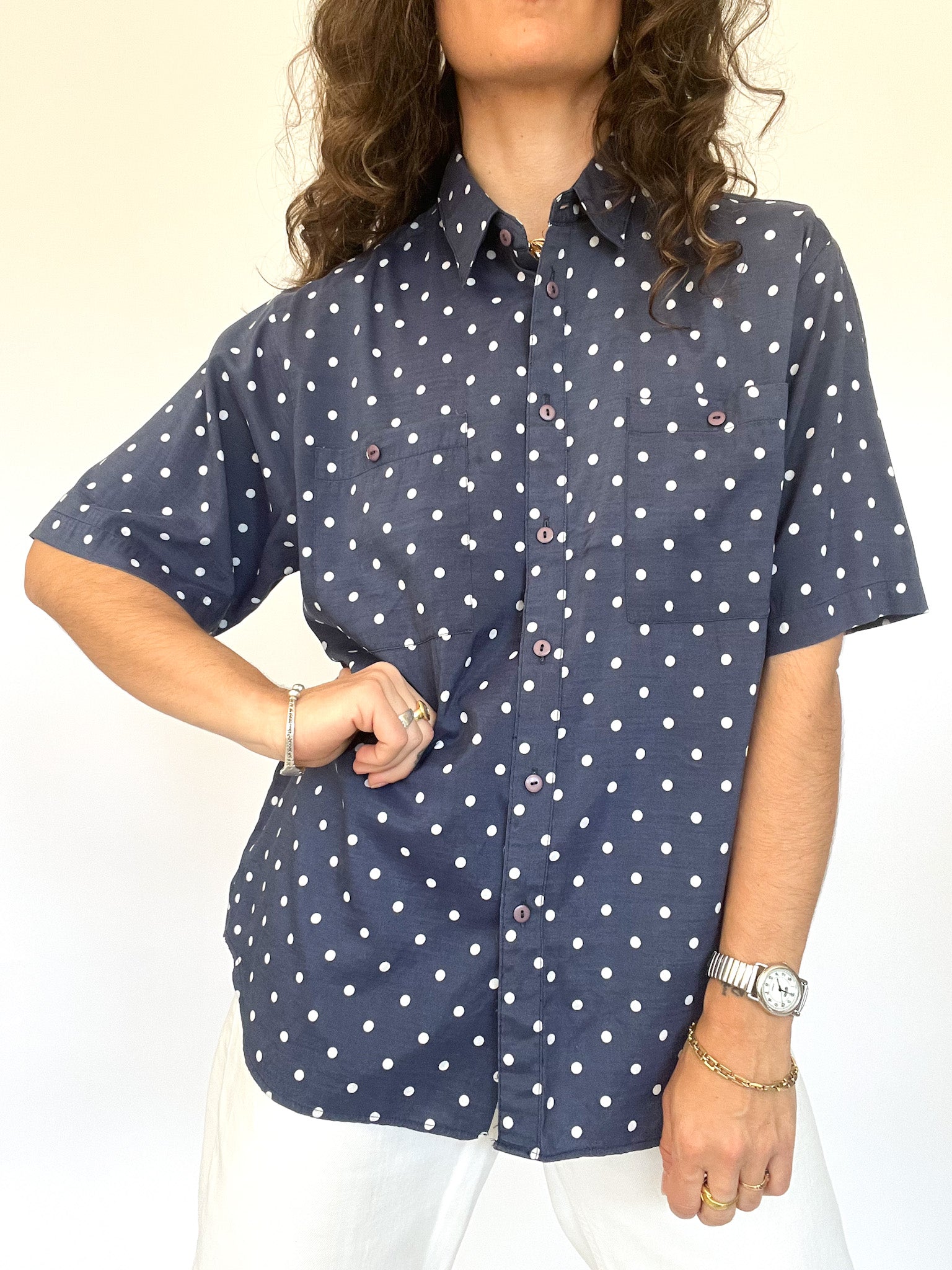 Vintage 90’s Navy Polka Dot Short Sleeve Blouse - Main Image