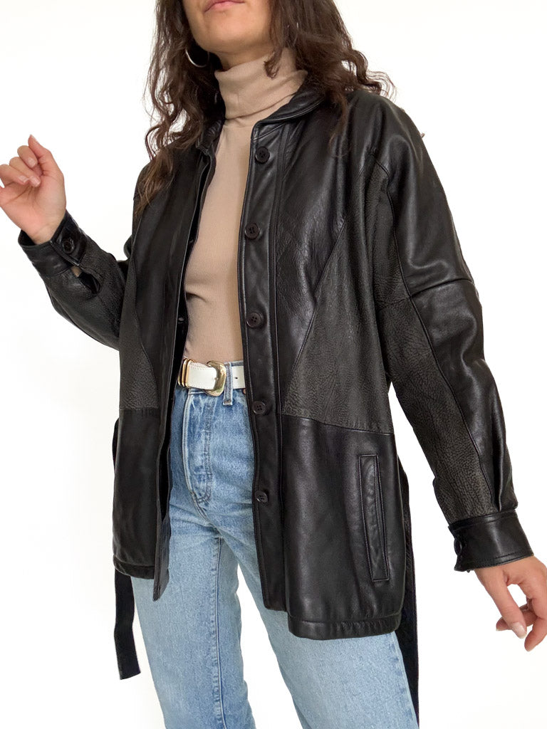 Vintage black belted leather jacket view 1